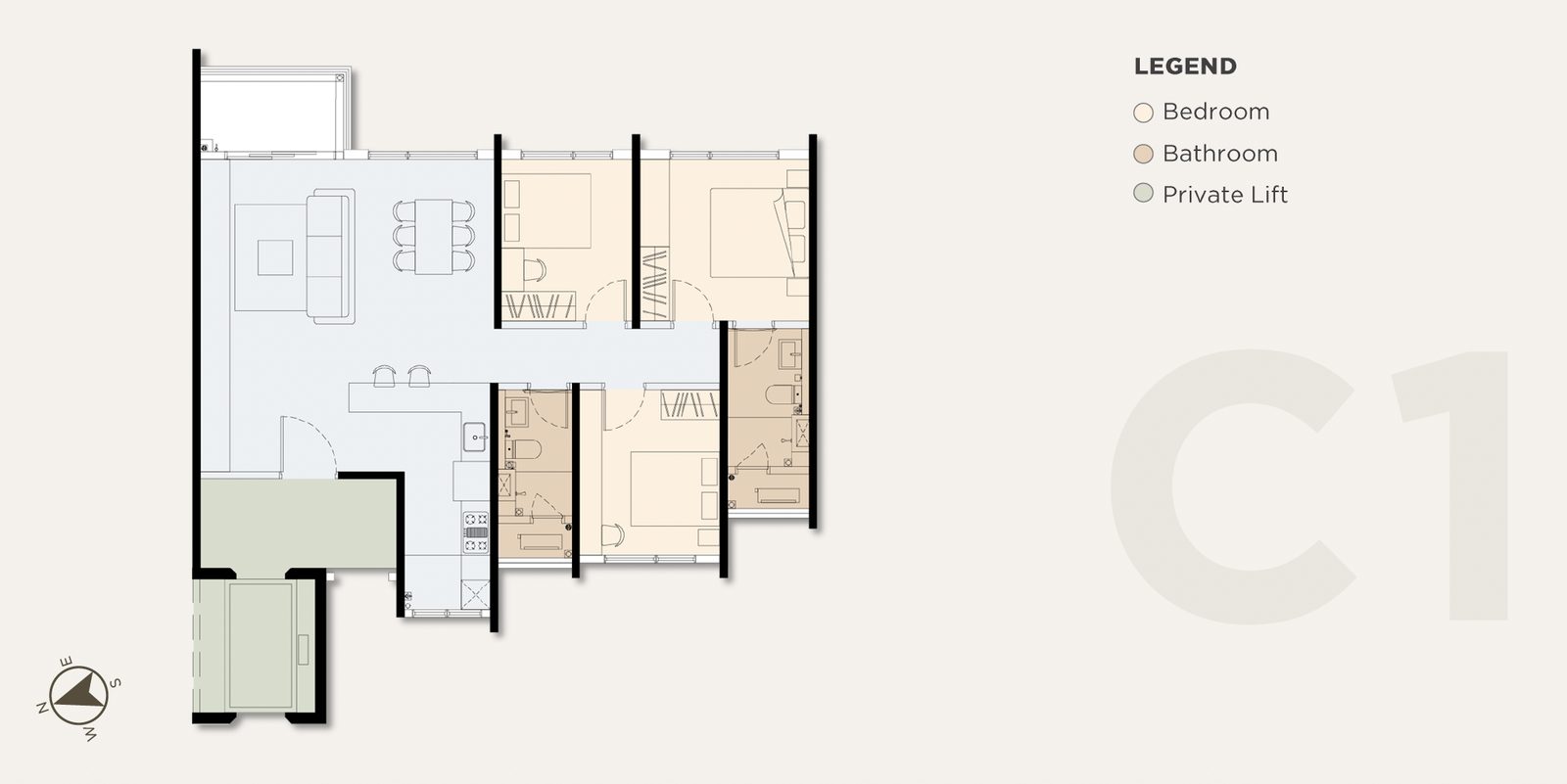 PJ13 Residences Type C1/C2 layout, 1,165 sq. ft., 3 bedrooms